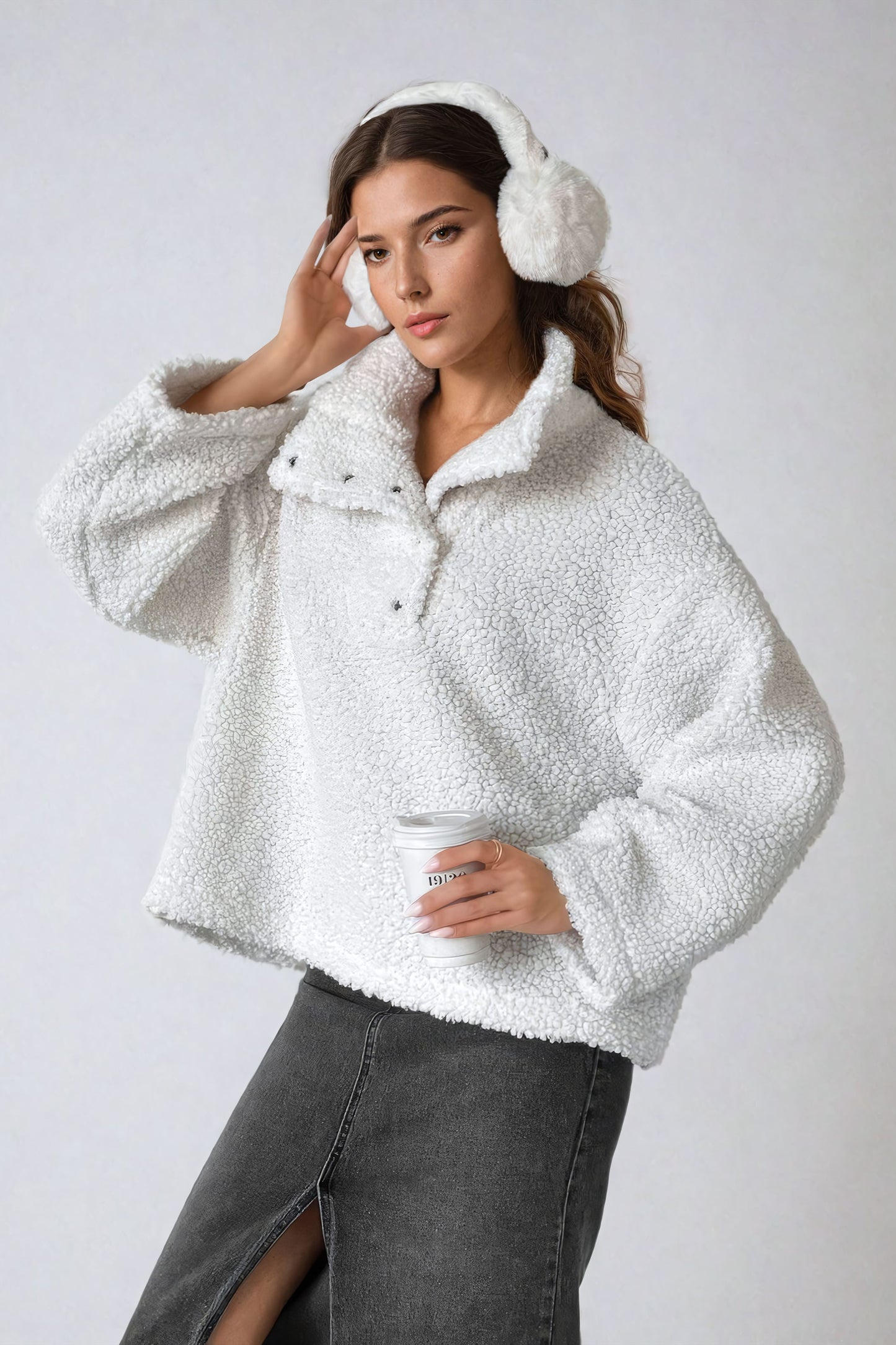 Sweater with Funnel Neck and Loose Fit - White