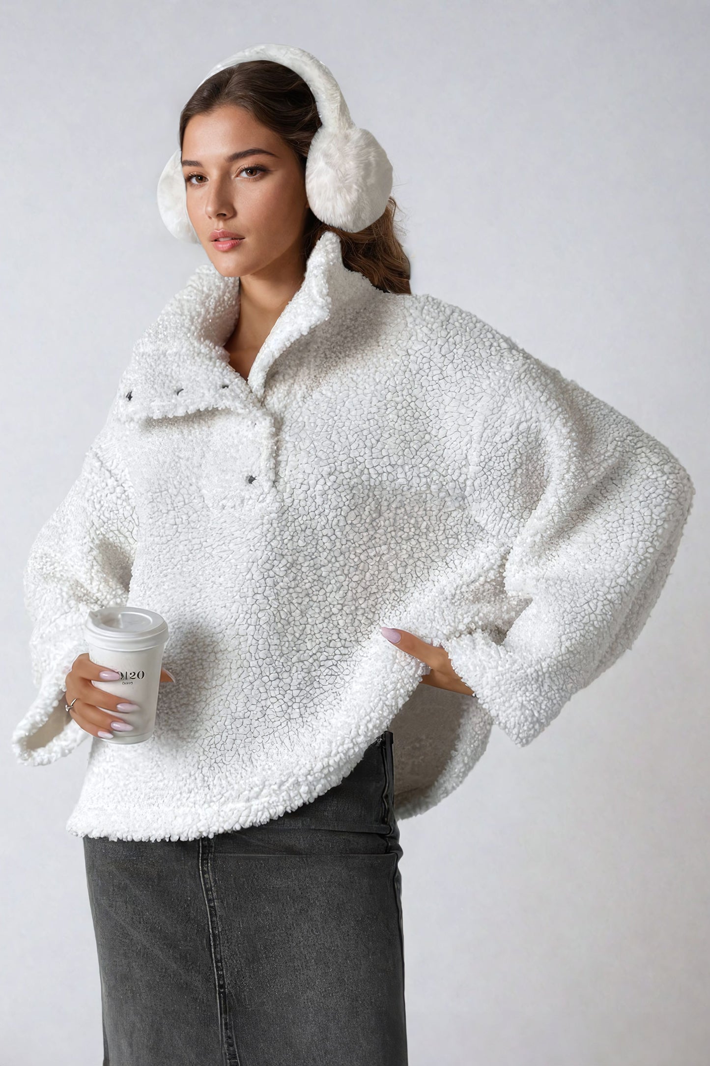 Sweater with Funnel Neck and Loose Fit - White