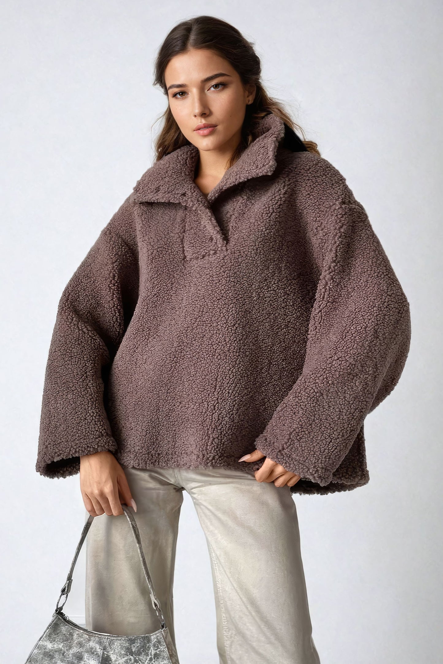 Sweater with Funnel Neck and Loose Fit - Brown