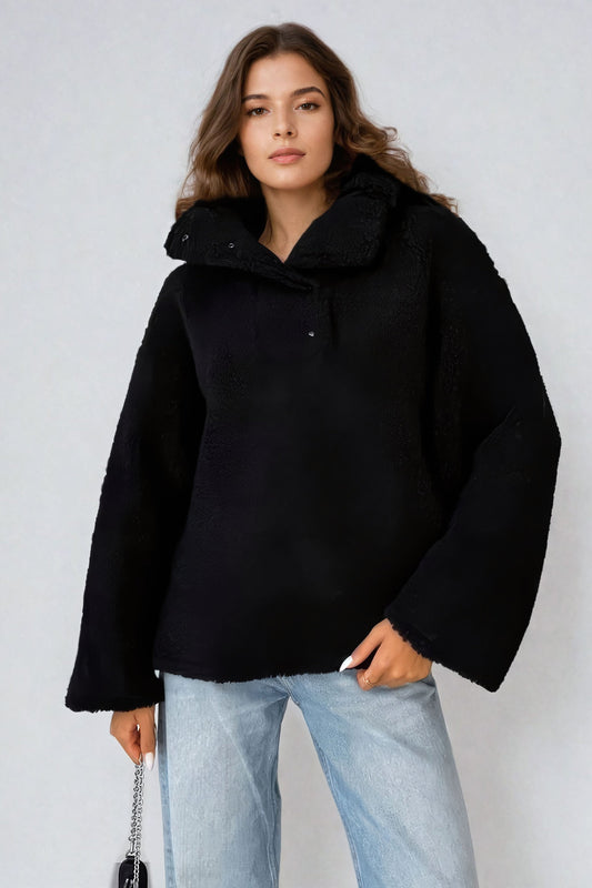 Sweater with Funnel Neck and Loose Fit - Black