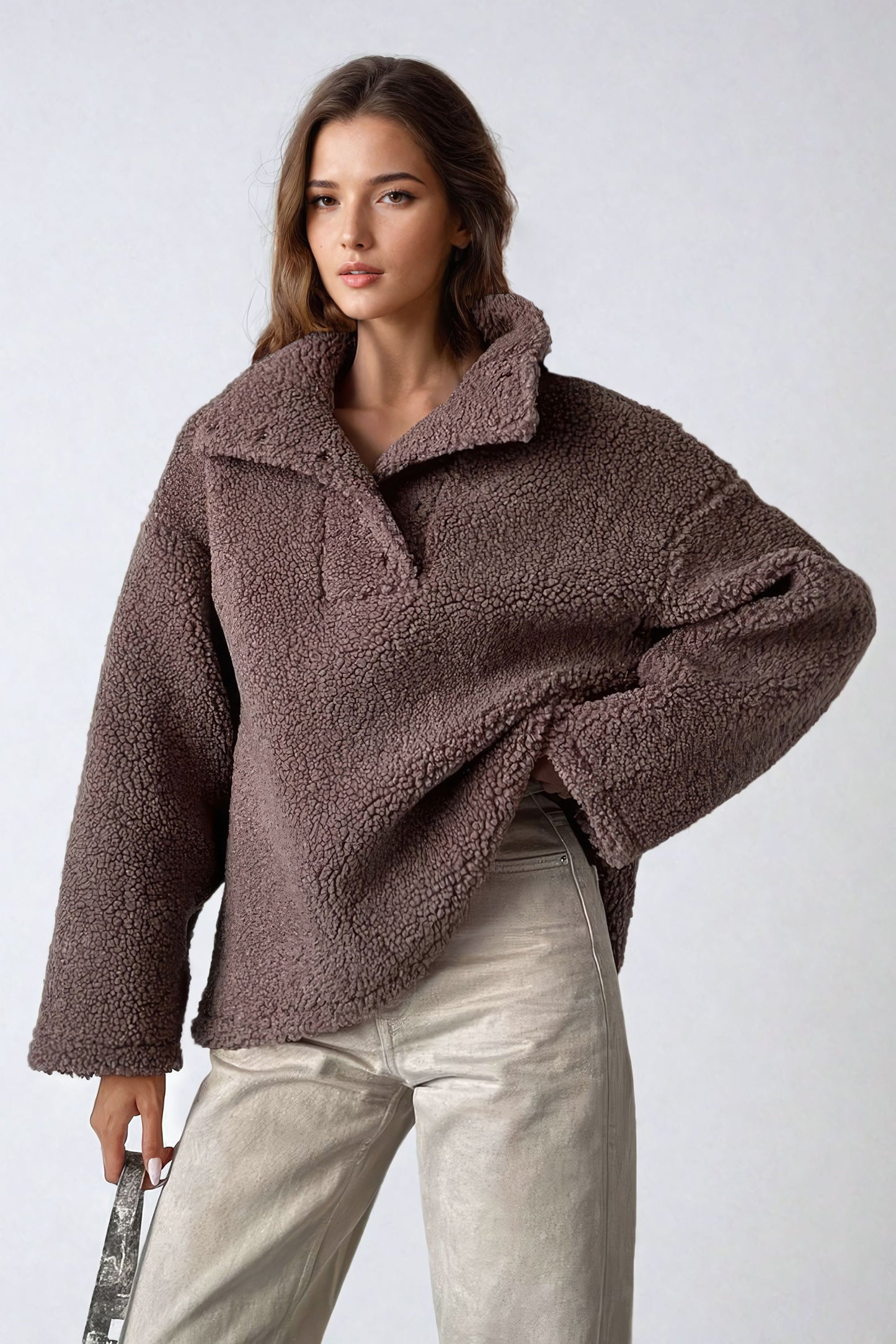 Sweater with Funnel Neck and Loose Fit - Brown