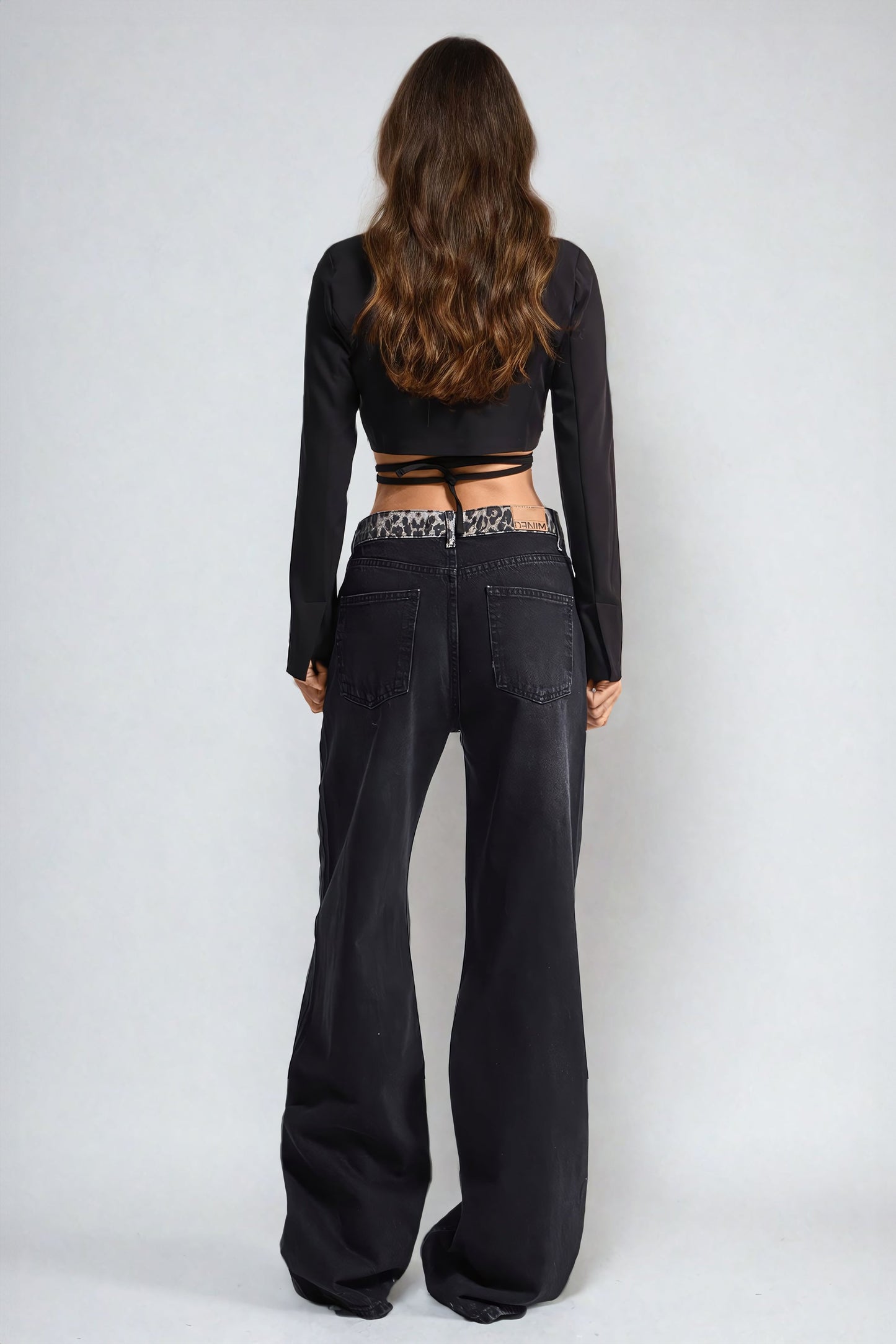 Wide-Leg Denim Jeans with Animal Print Waistband - Black
