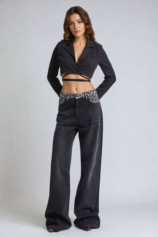 Wide-Leg Denim Jeans with Animal Print Waistband - Black