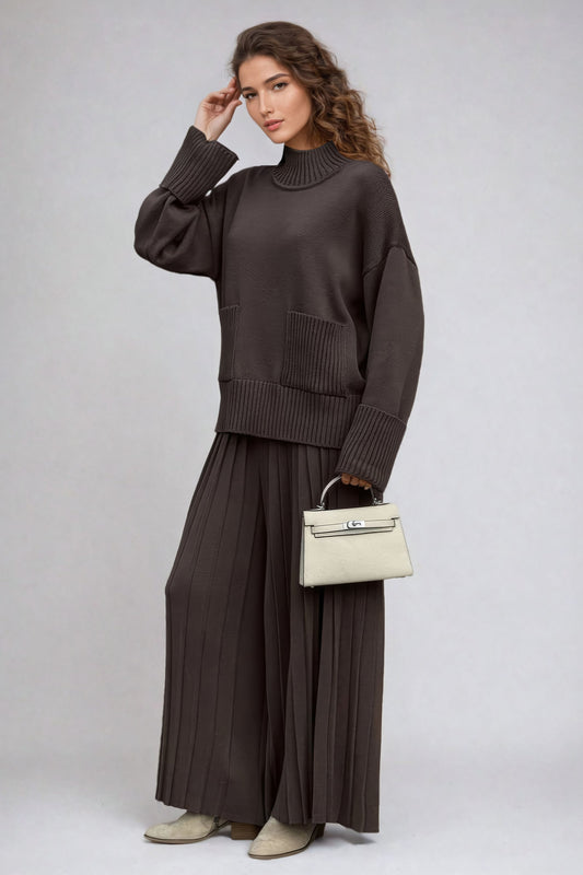 Two-Piece Set with Ribbed High Neck Sweater and Wide-Leg Trousers - Brown