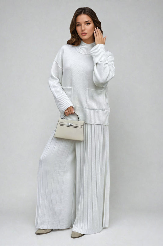 Two-Piece Set with Ribbed High Neck Sweater and Wide-Leg Trousers - White