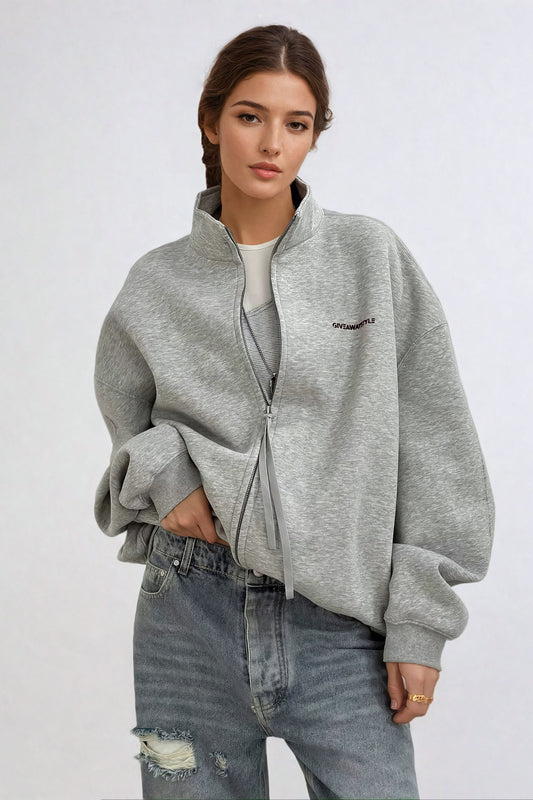 Oversized Zip-Up Sweater with High Neckline - Gray