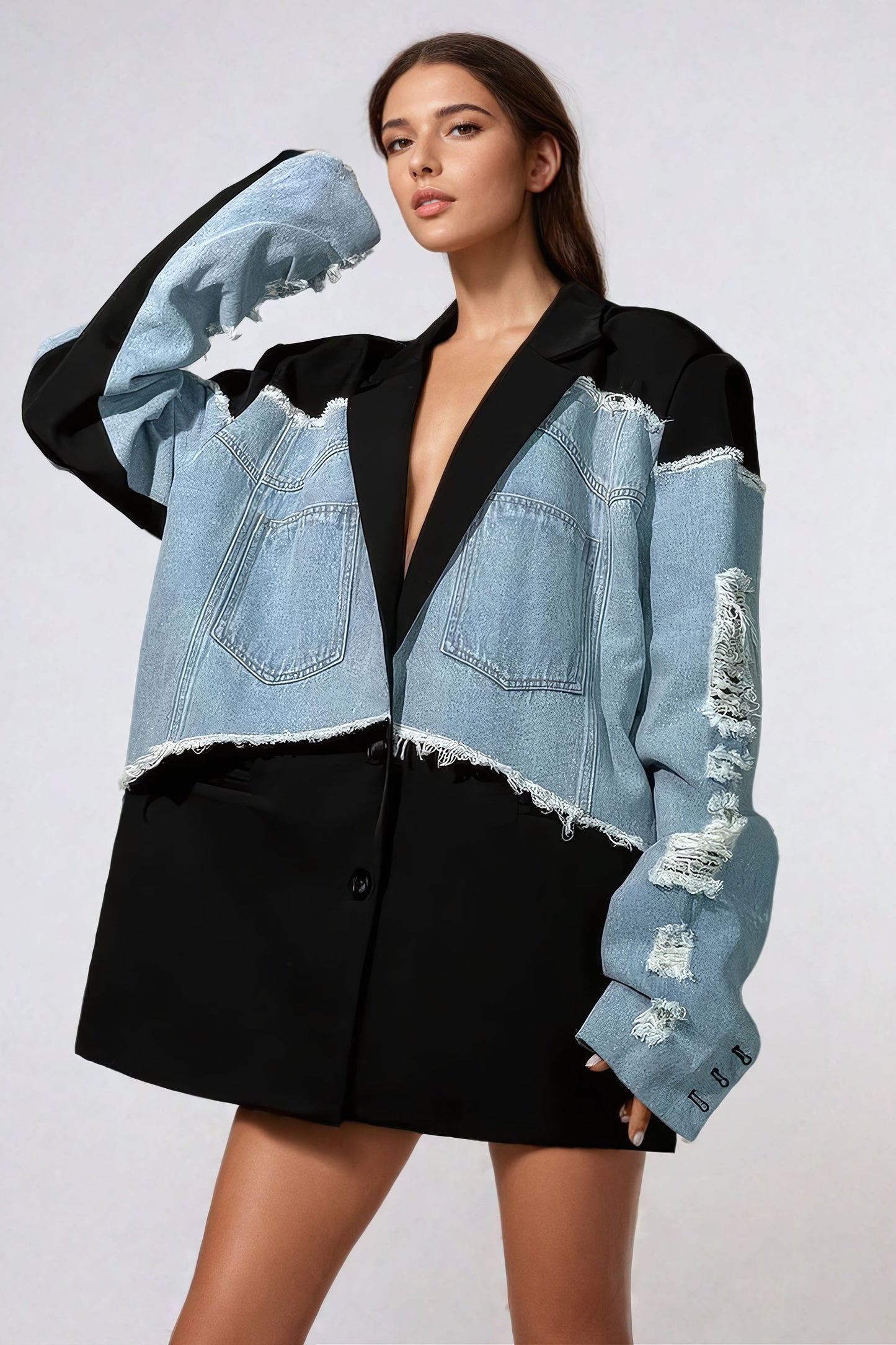 Distressed Denim Patchwork Jacket with Lapel Collar - Blue