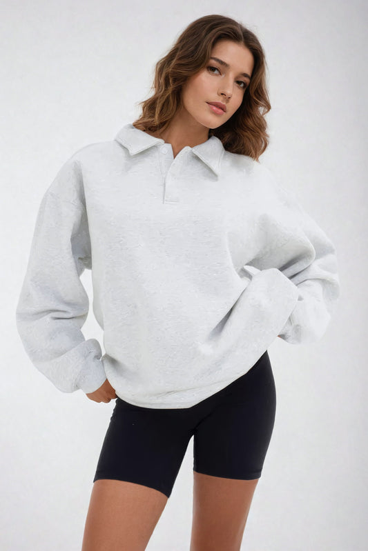 Collared Oversized Pullover Sweater - Gray