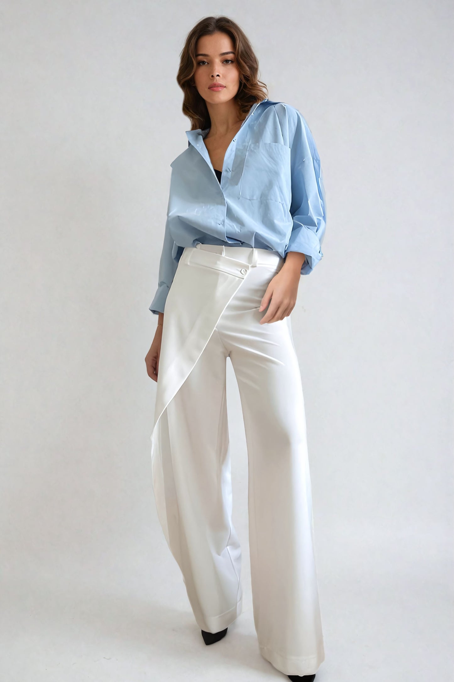 Asymmetrical High-Waisted Wide-Leg Trousers - White