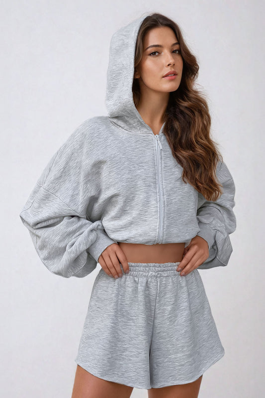 Two-Piece Set with Hooded Sweatshirt and Elastic Waist Shorts - Gray