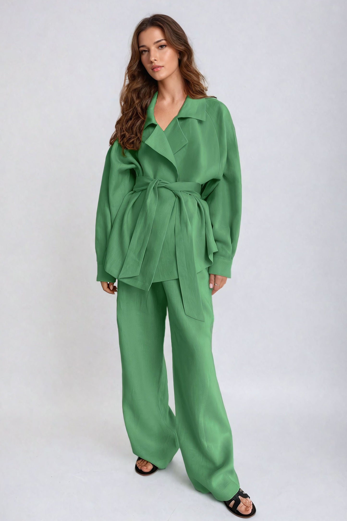 Belted Two-Piece Set with Lapel Jacket and Wide-Leg Trousers - Green