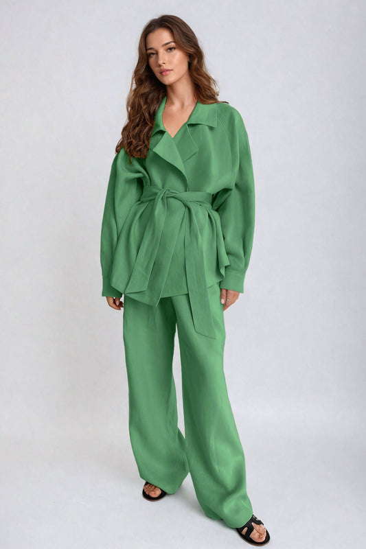 Belted Two-Piece Set with Lapel Jacket and Wide-Leg Trousers - Green