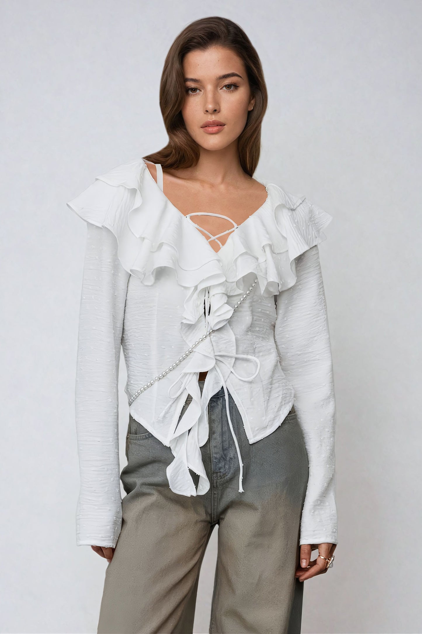 Ruffled Tie-Front Shirt with V-Neckline - White