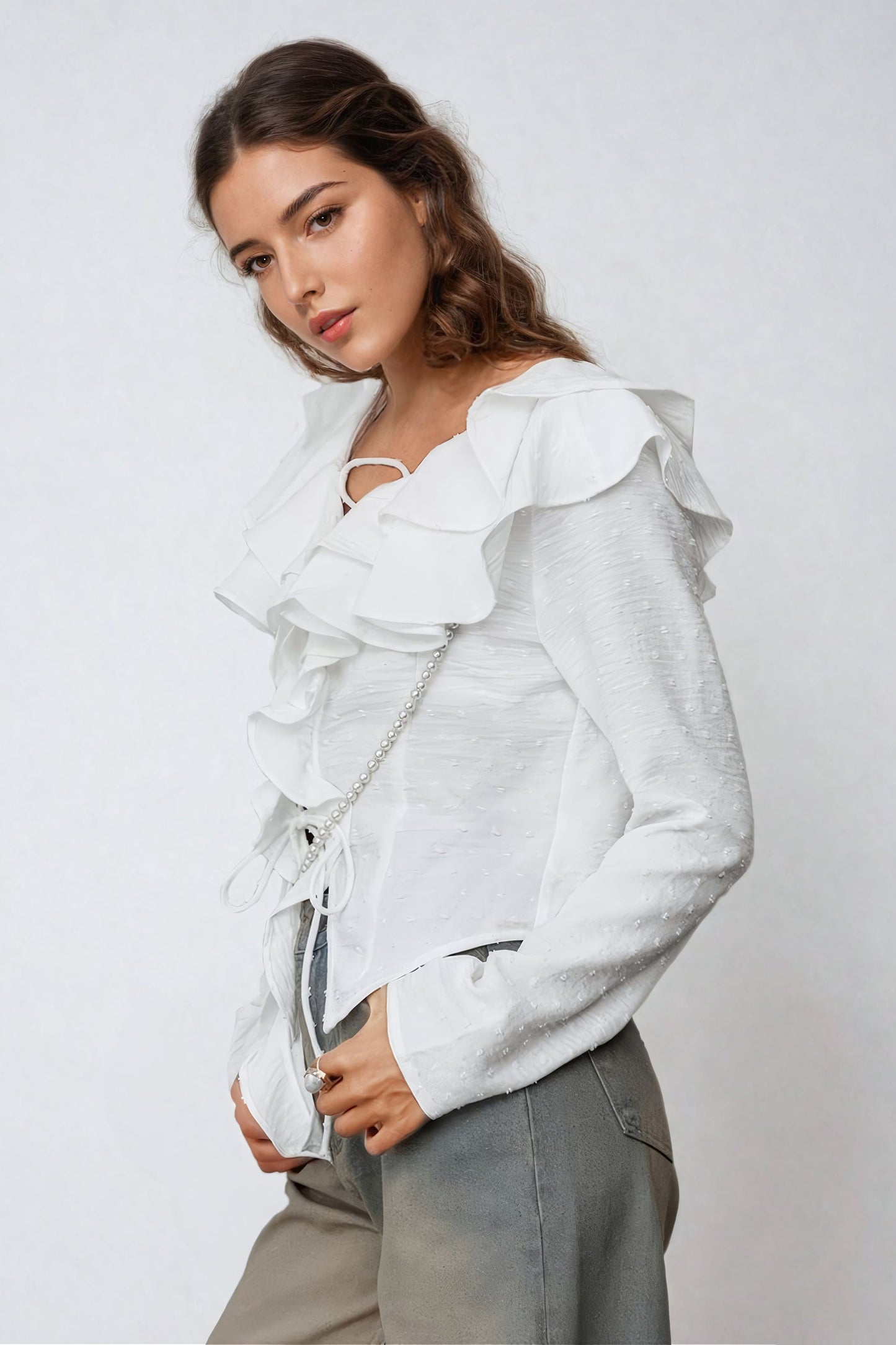 Ruffled Tie-Front Shirt with V-Neckline - White