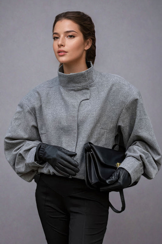 High-Neck Cinched Waist Jacket with Oversized Sleeves - Gray