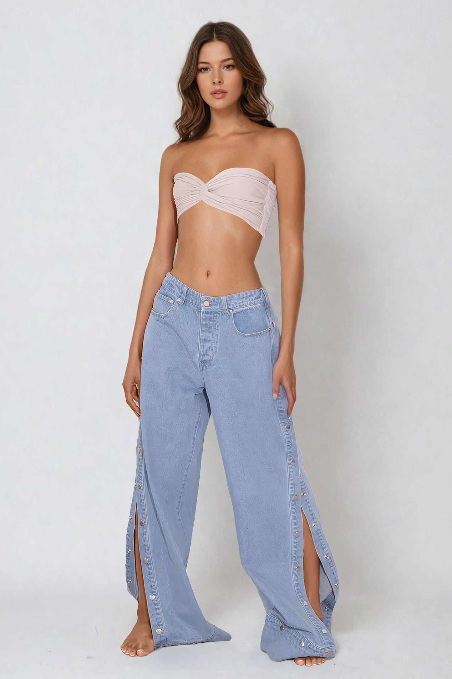 High-Waisted Wide-Leg Jeans with Button-Down Side Slit - Blue