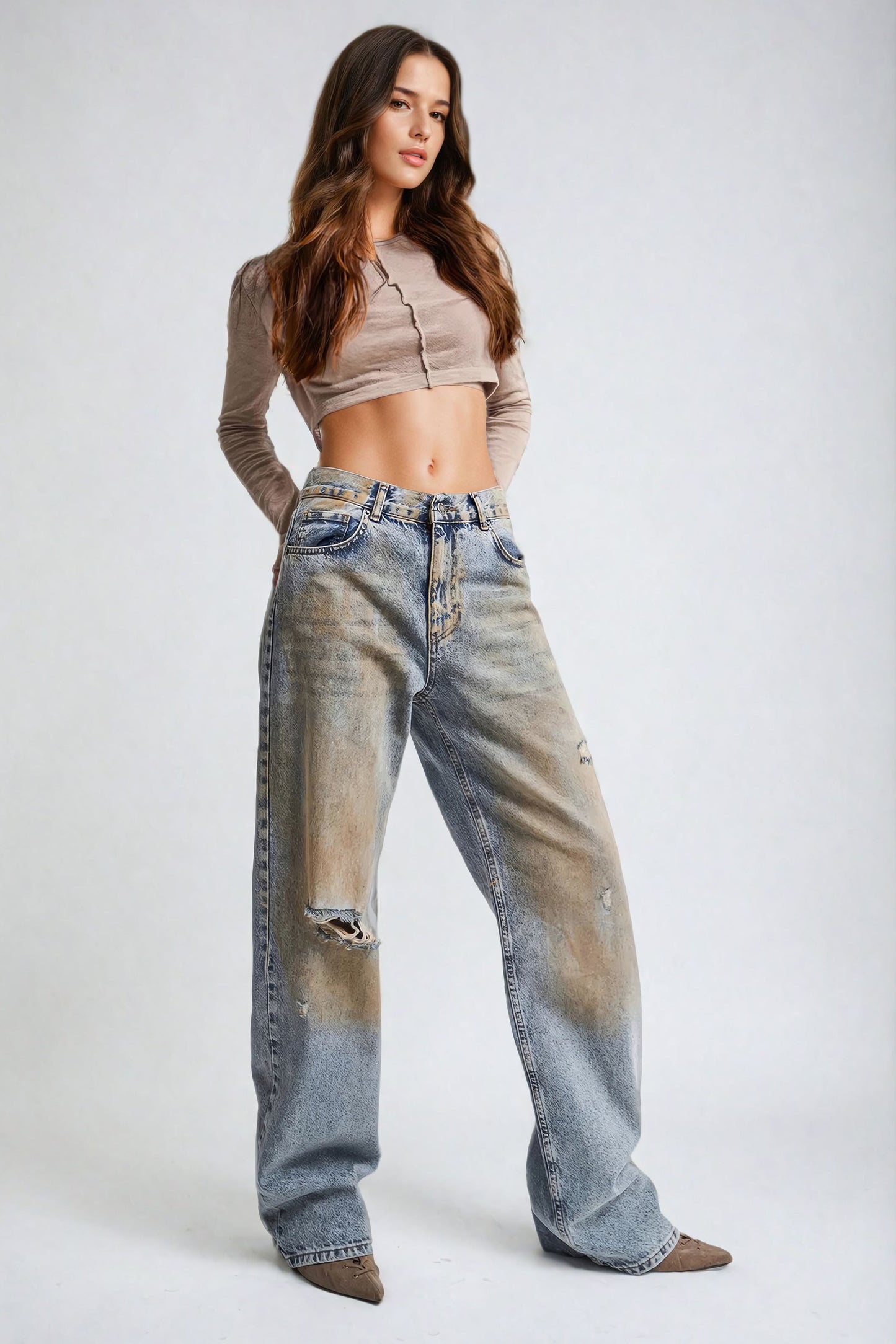 Low-Waist Relaxed-Fit Jeans with Ripped Details - Blue