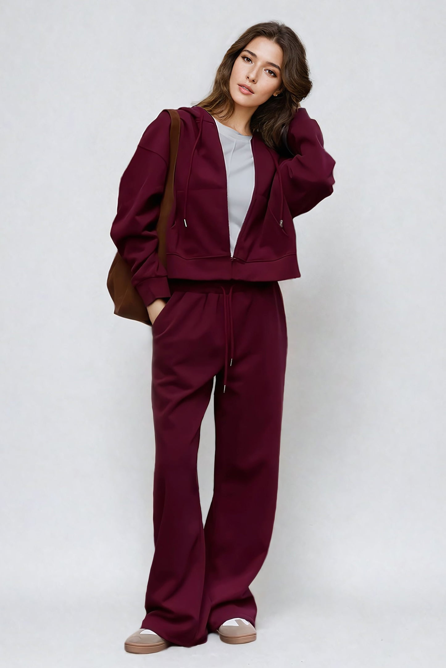 Two-Piece Set with Hoodie Jacket and Wide-Leg Trousers- Red