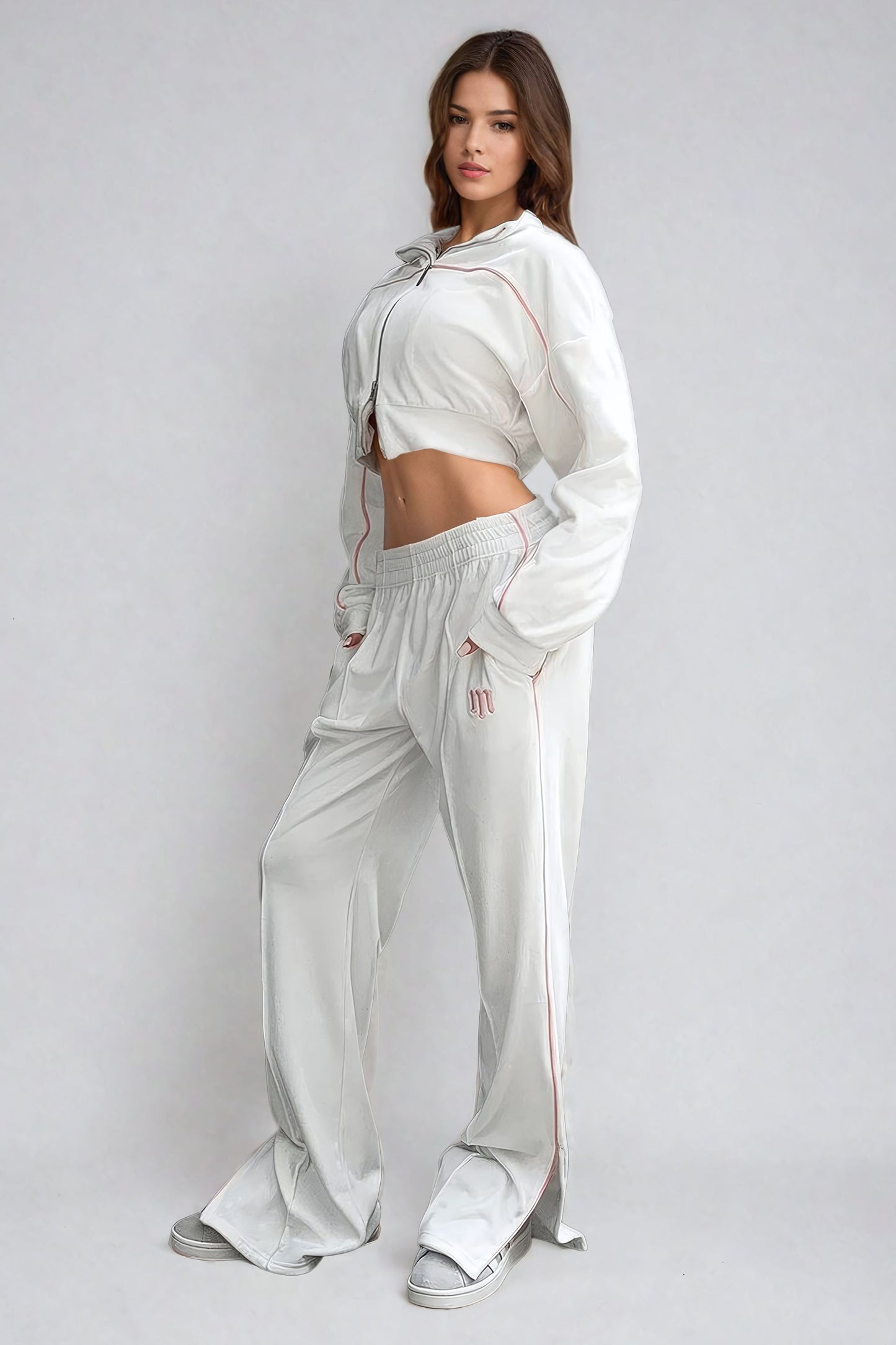 Two-Piece Set with Zipped Collar Sweater and Side Stripe Trousers - White