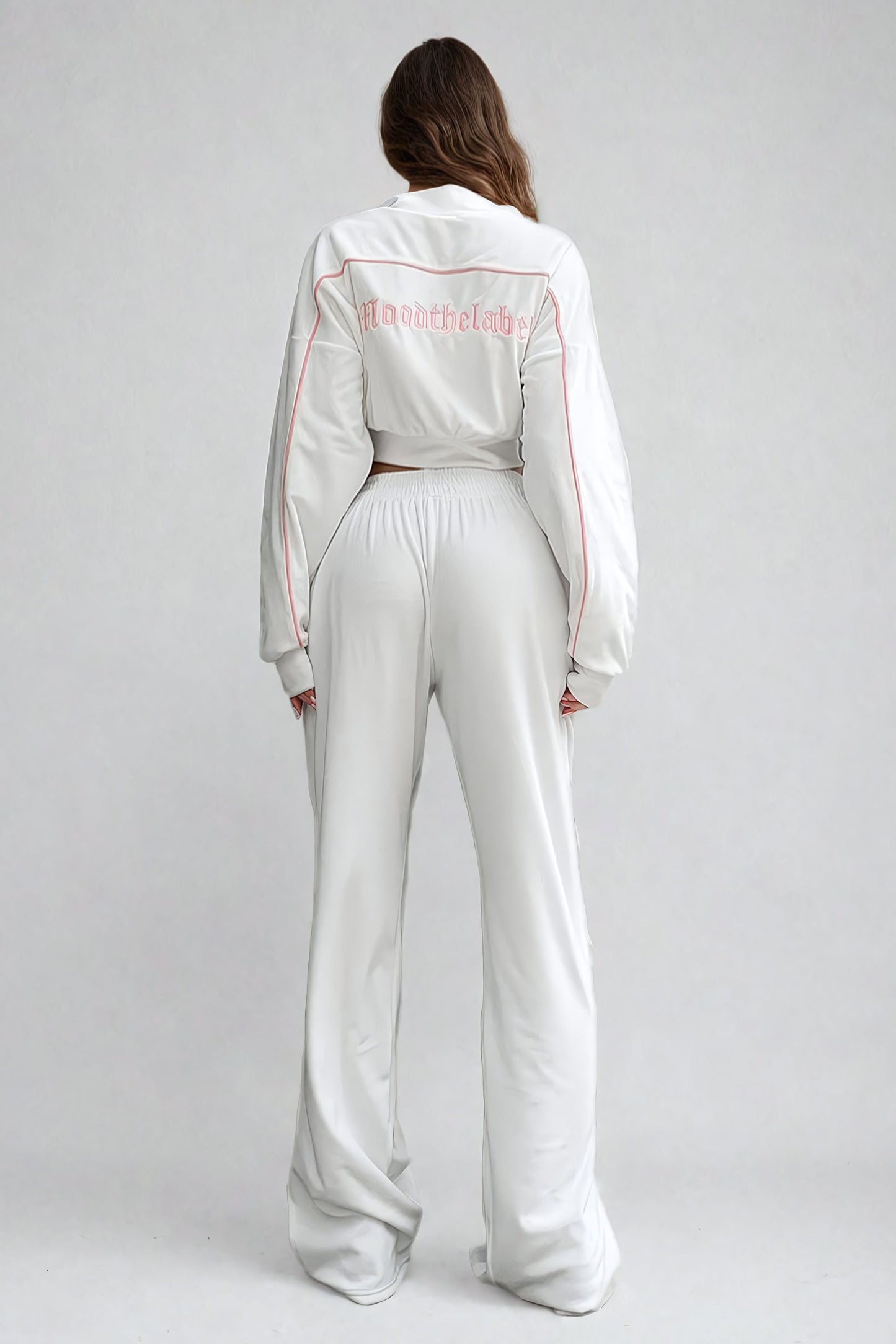 Two-Piece Set with Zipped Collar Sweater and Side Stripe Trousers - White