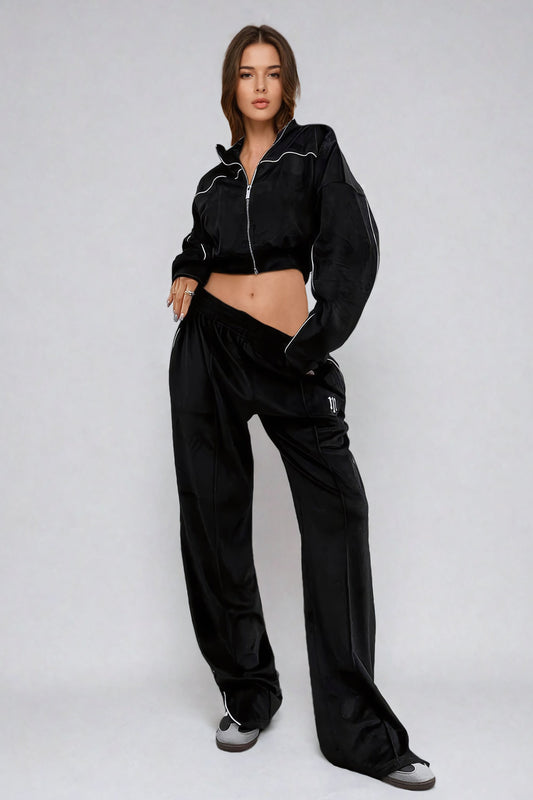 Two-Piece Set with Zipped Collar Sweater and Side Stripe Trousers - Black