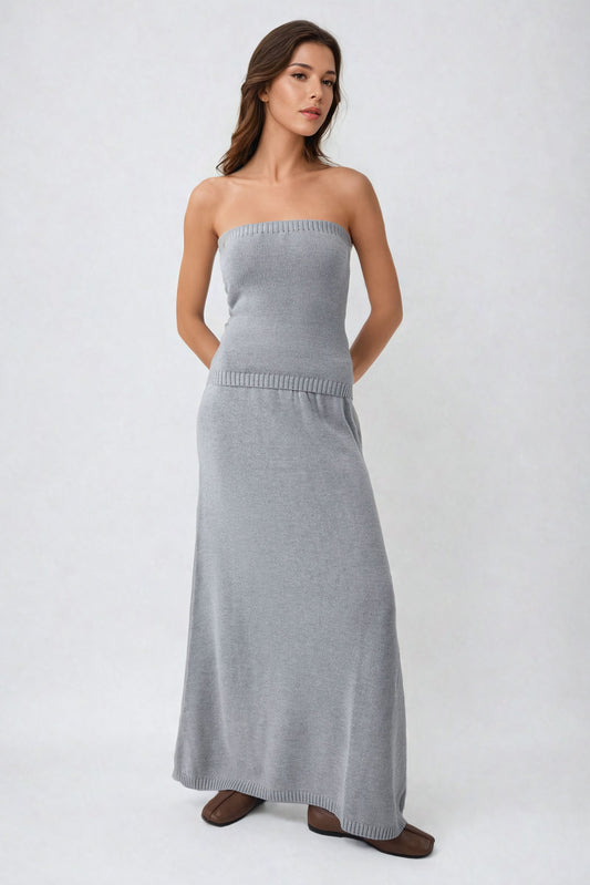 Two-Piece Set with Strapless Top and Maxi Skirt - Gray