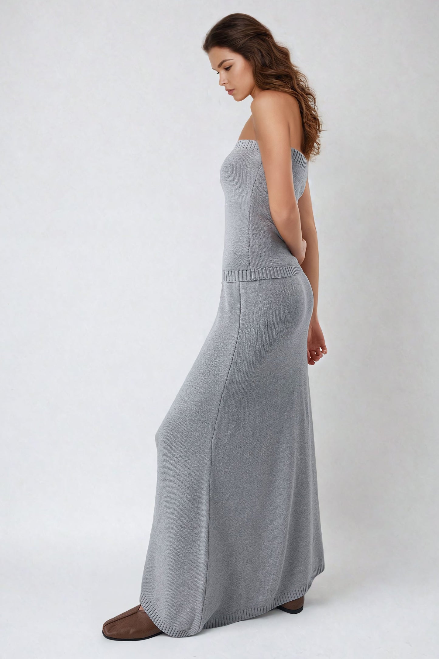 Two-Piece Set with Strapless Top and Maxi Skirt - Gray