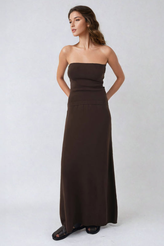 Two-Piece Set with Strapless Top and Maxi Skirt - Dark Brown