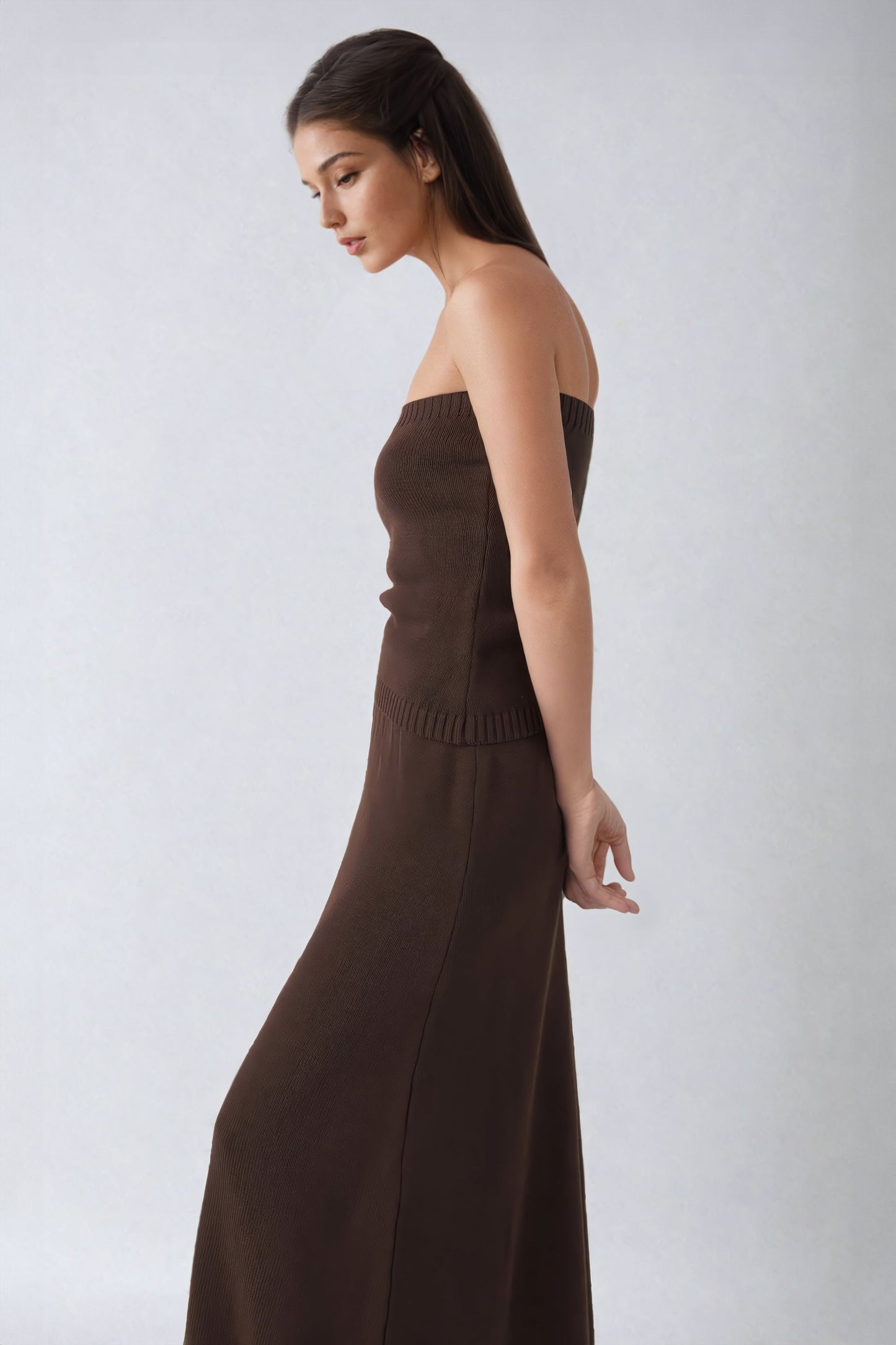 Two-Piece Set with Strapless Top and Maxi Skirt - Dark Brown