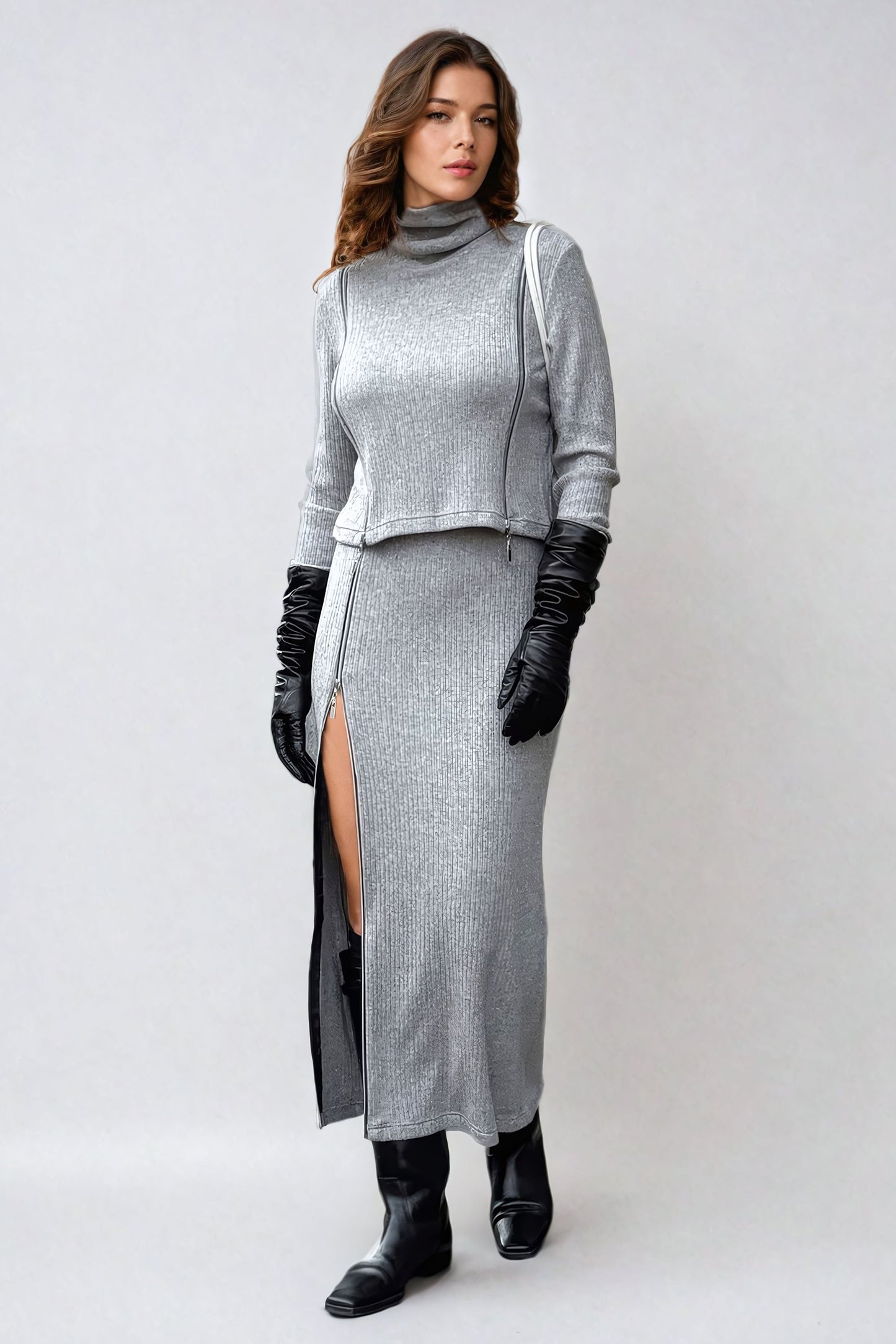 Two-Piece Set with Turtleneck Sweater and Maxi Skirt - Gray