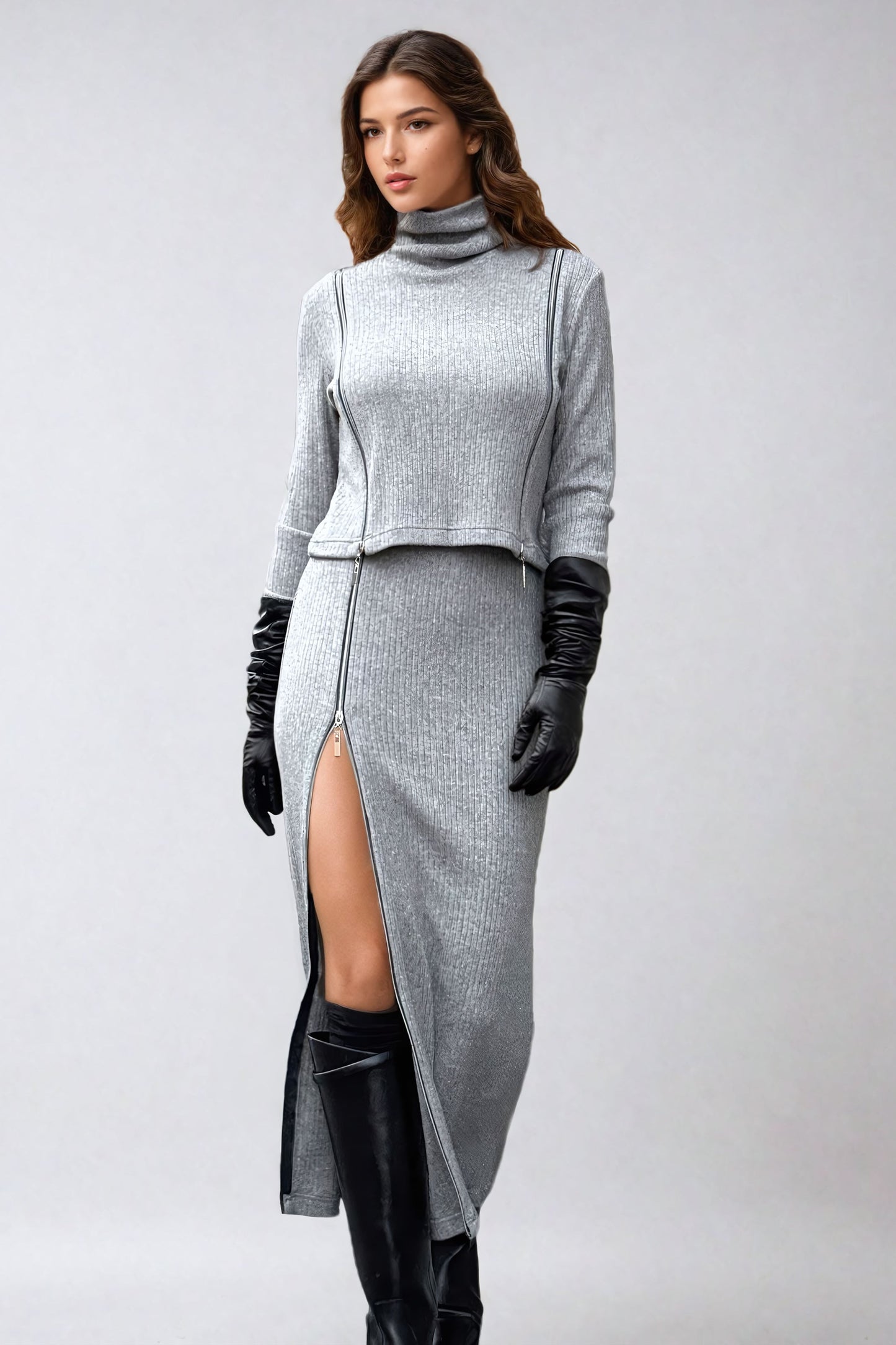 Two-Piece Set with Turtleneck Sweater and Maxi Skirt - Gray