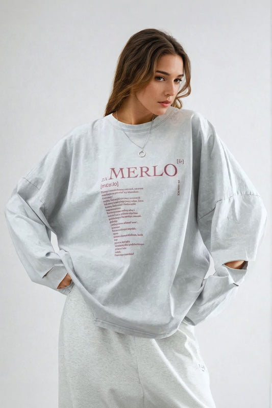 Distressed Graphic Long Sleeve T-Shirt with Loose Fit - Light Gray