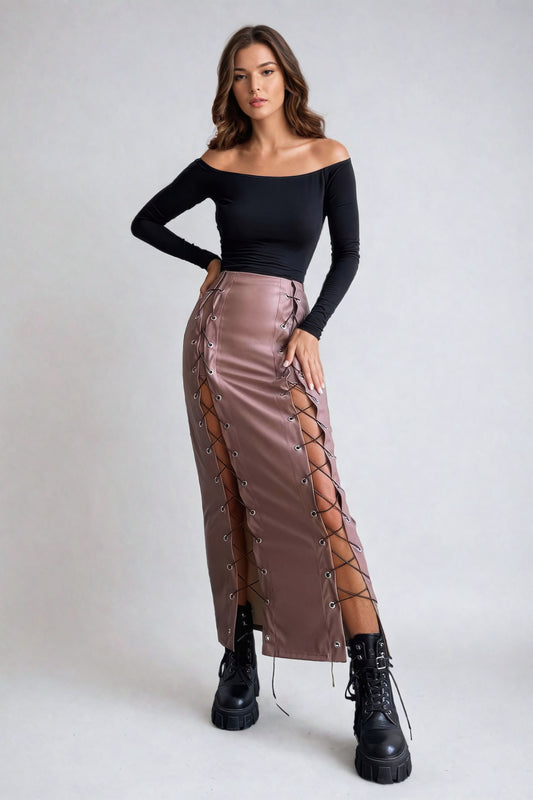 High-Waisted Lace-Up Leather Maxi Skirt - Pink