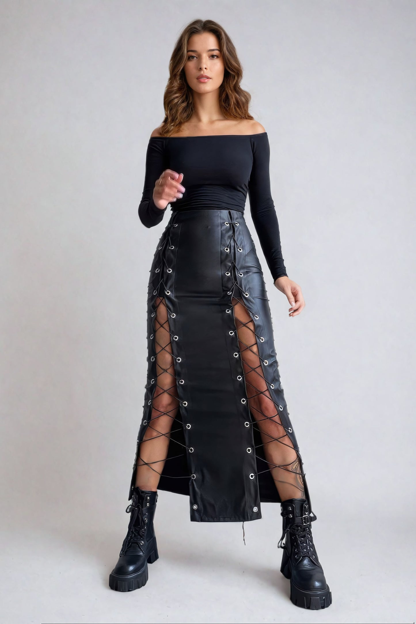 High-Waisted Lace-Up Leather Maxi Skirt - Black