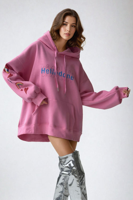 Oversized Graphic Hoodie with Pouch Pocket - Pink