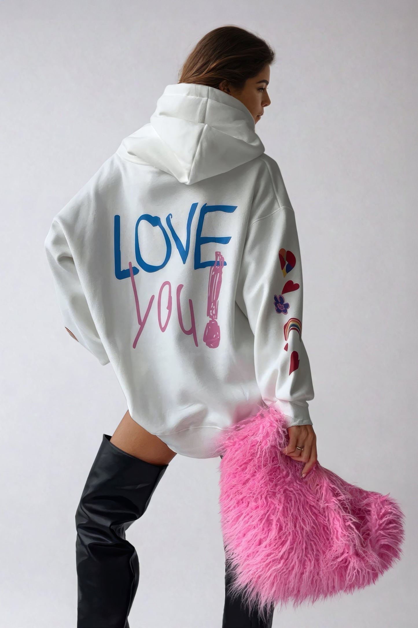 Oversized Graphic Hoodie with Pouch Pocket - White