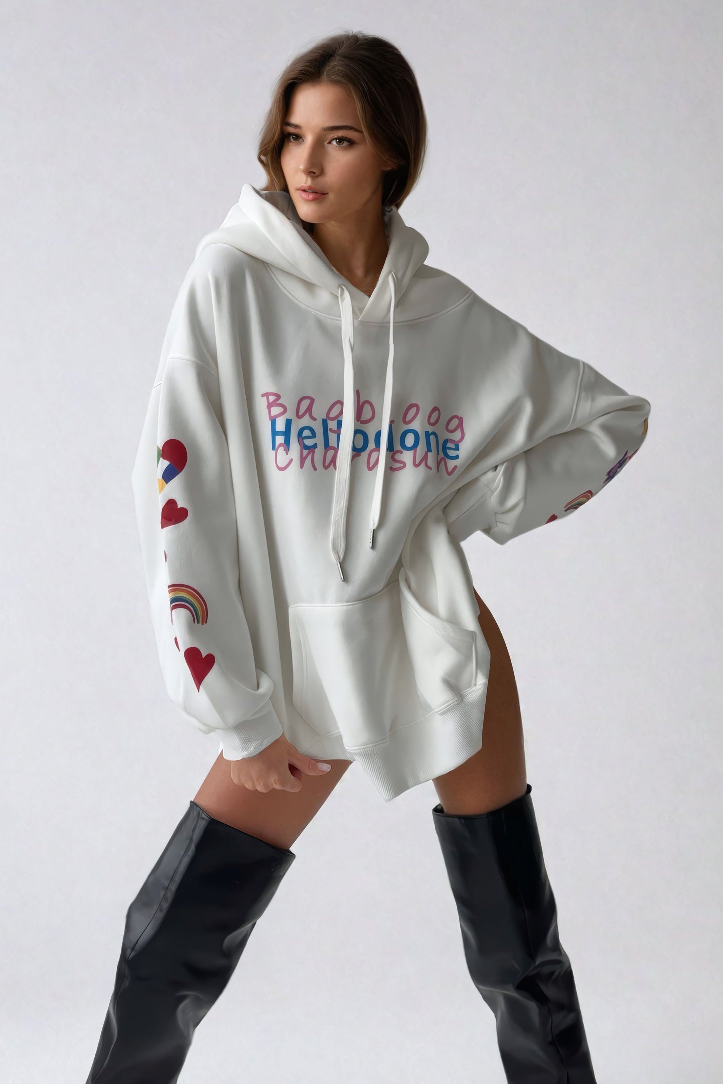 Oversized Graphic Hoodie with Pouch Pocket - White