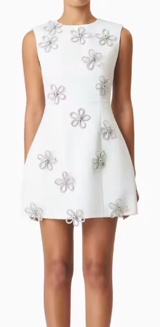 Mini Dress with 3D Floral Accents - White