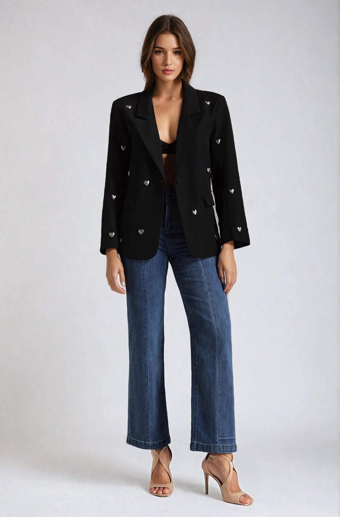 Oversized Blazer with Heart Embellishments - Black