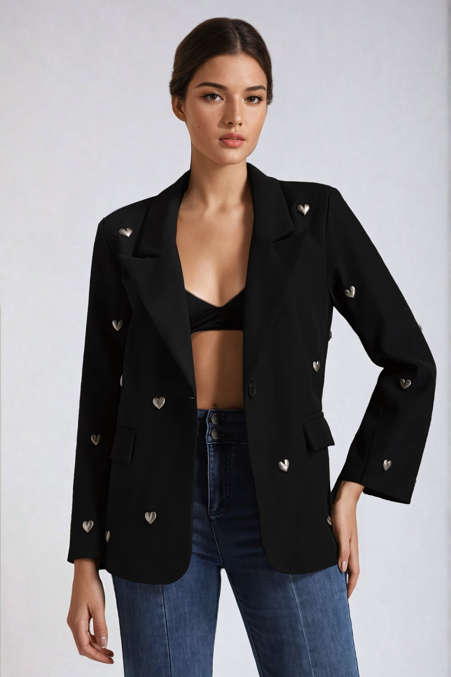 Oversized Blazer with Heart Embellishments - Black