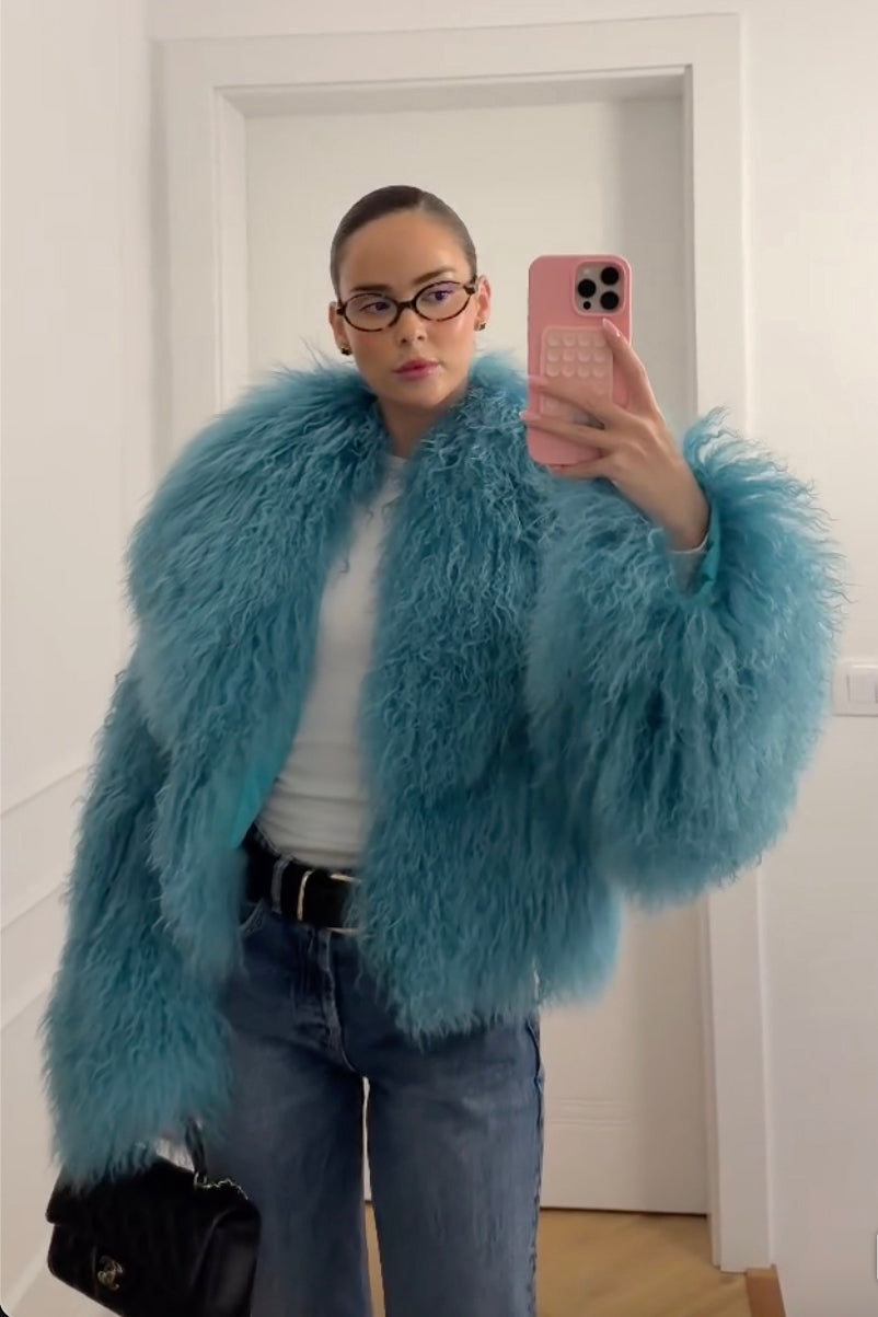 Natural Mongolian Sheepskin Coat with Lapels - Blue