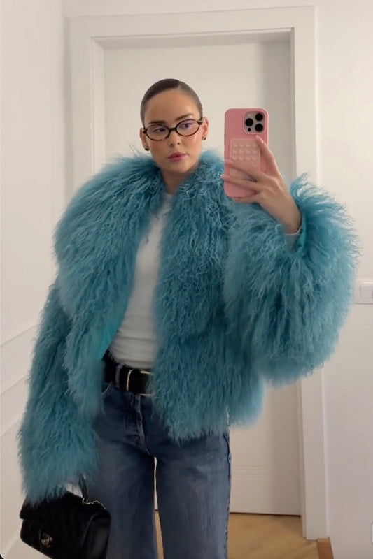 Natural Mongolian Sheepskin Coat with Lapels - Blue