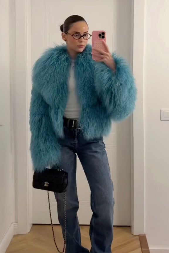 Natural Mongolian Sheepskin Coat with Lapels - Blue