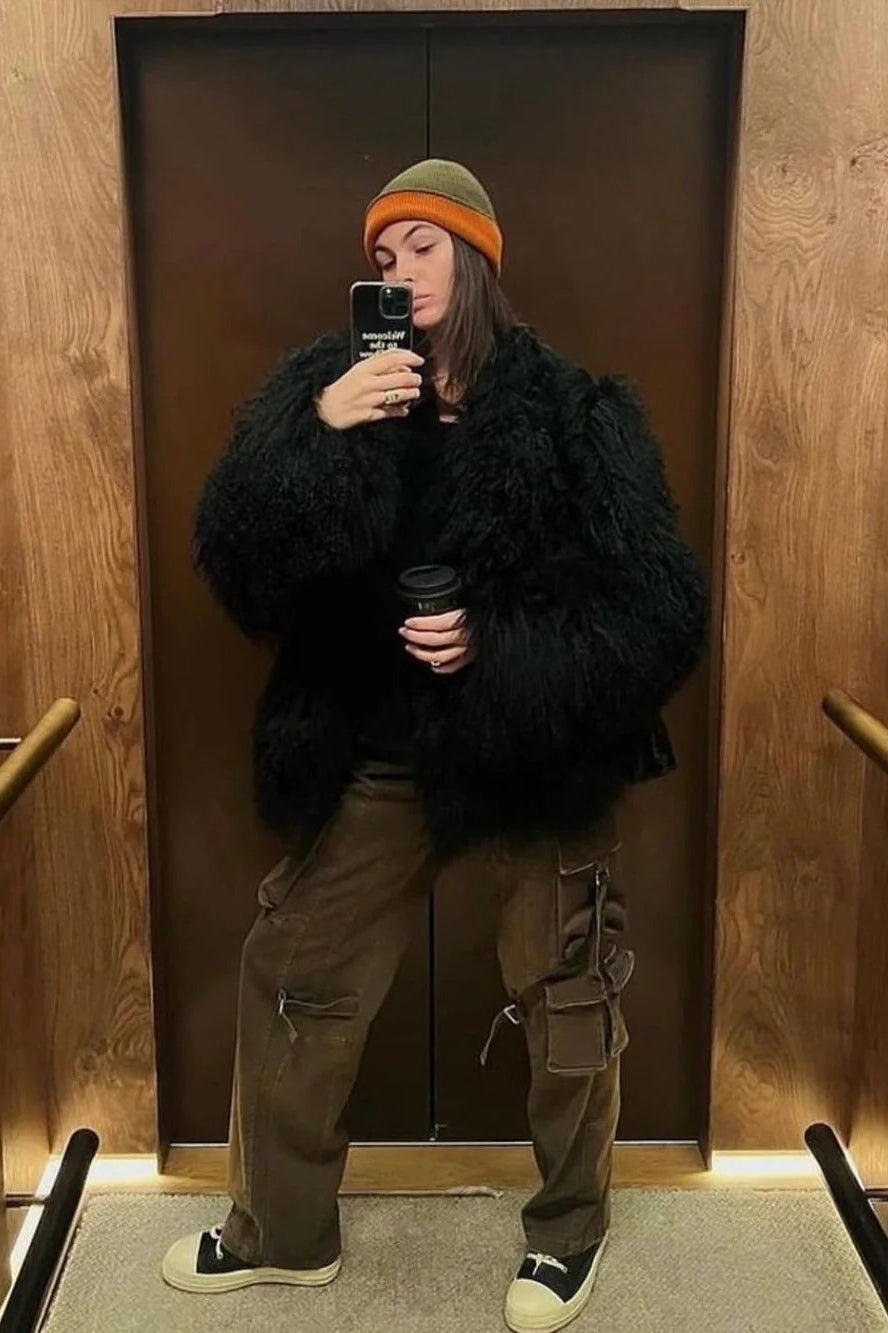 Natural Mongolian Sheepskin Coat with Lapels - Black