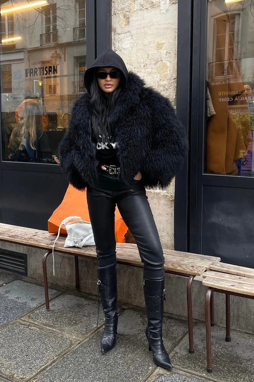 Natural Mongolian Sheepskin Coat with Lapels - Black