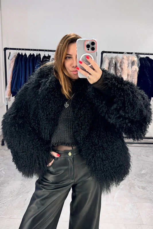 Natural Mongolian Sheepskin Coat with Lapels - Black