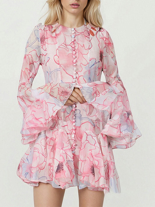 Long Sleeve Mini Dress with Flared Cuffs and Button Detail - Pink