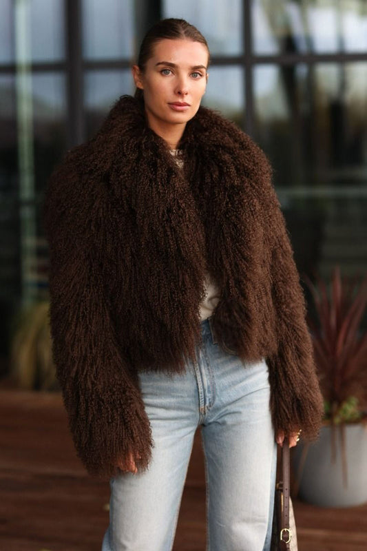 Natural Mongolian Sheepskin Coat with Lapels - Brown