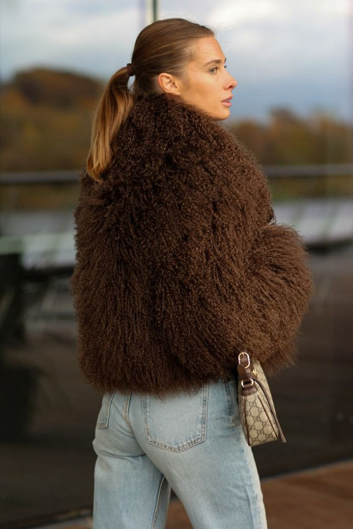 Natural Mongolian Sheepskin Coat with Lapels - Brown