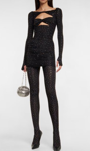Mini Dress with Crystal-Embellished Tights - Black